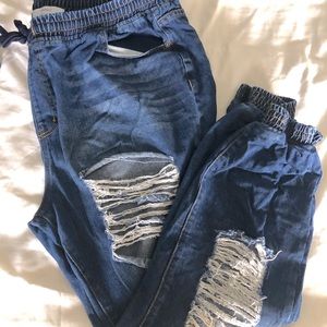 Distressed denim pull on jeans